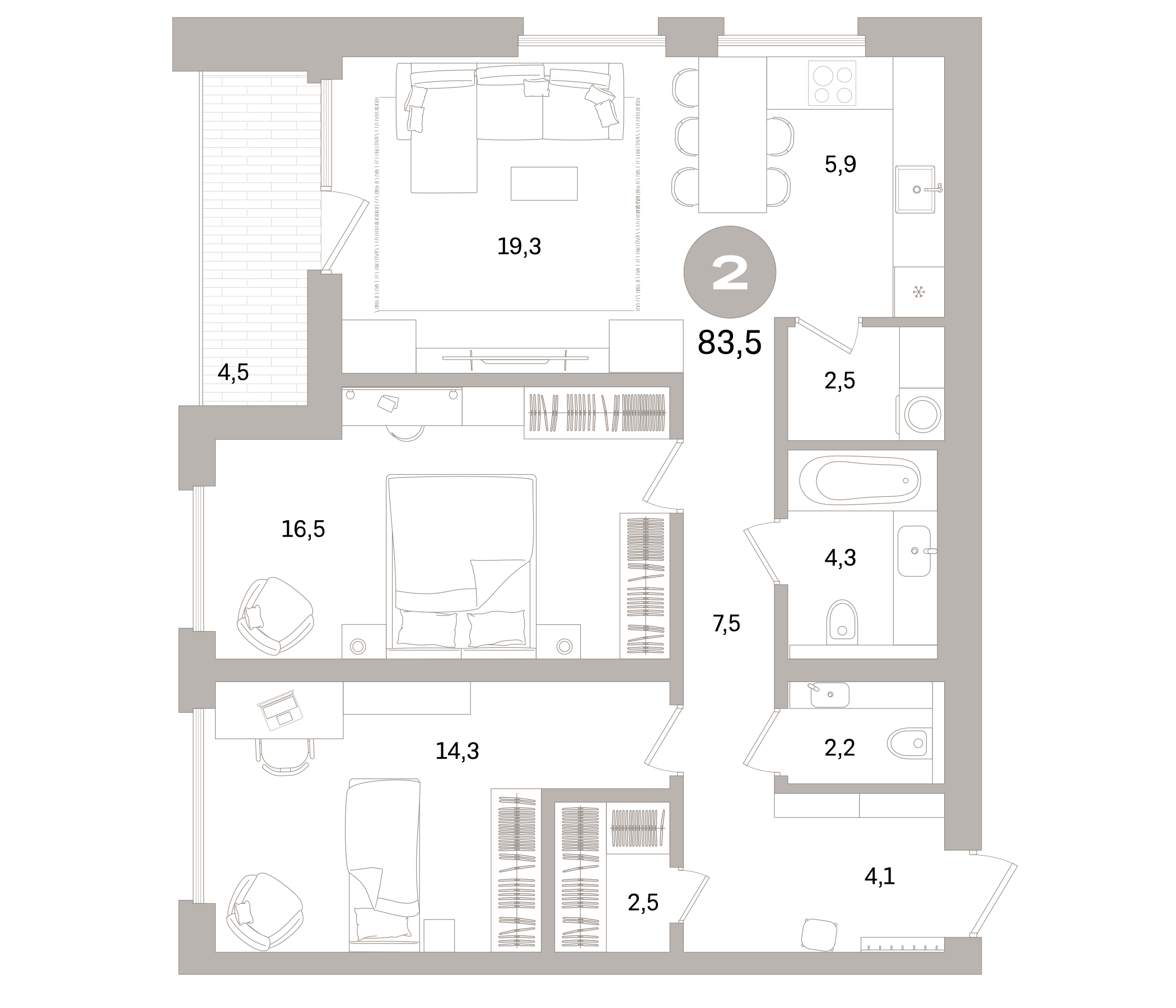 Планировка — Северный ветер, 3-комн., 79 м²