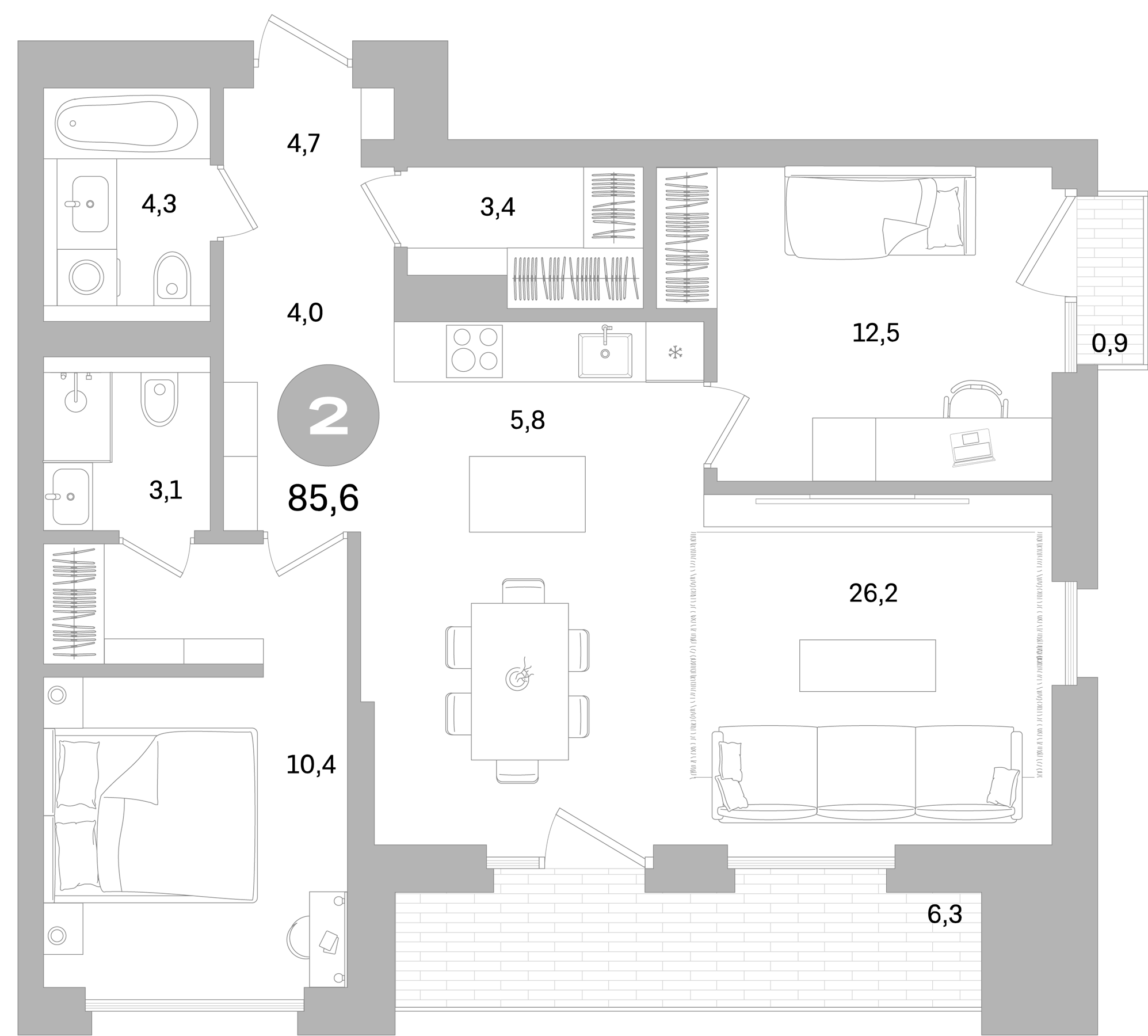Планировка — Северный ветер, 3-комн., 78 м²
