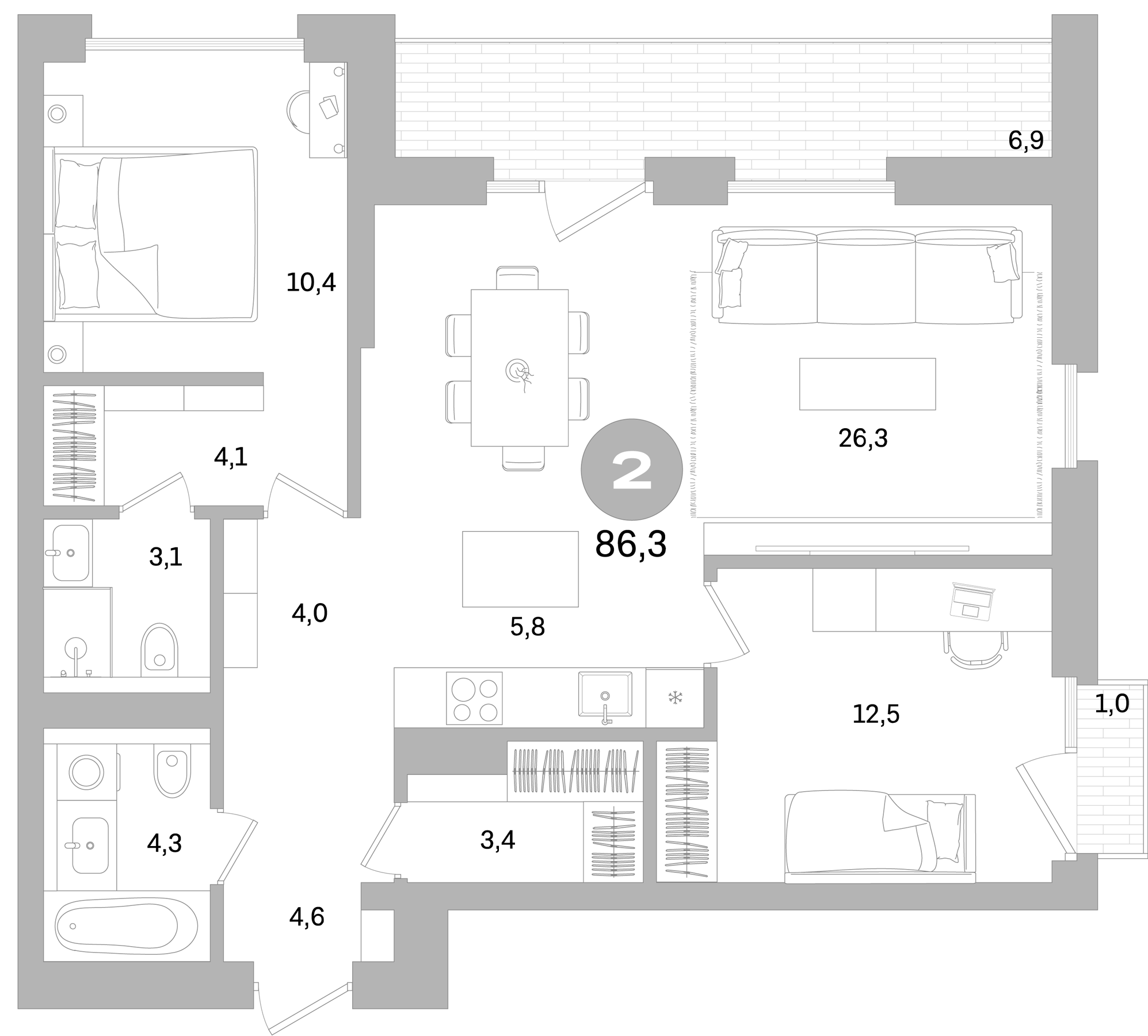 Планировка — Северный ветер, 3-комн., 78 м²