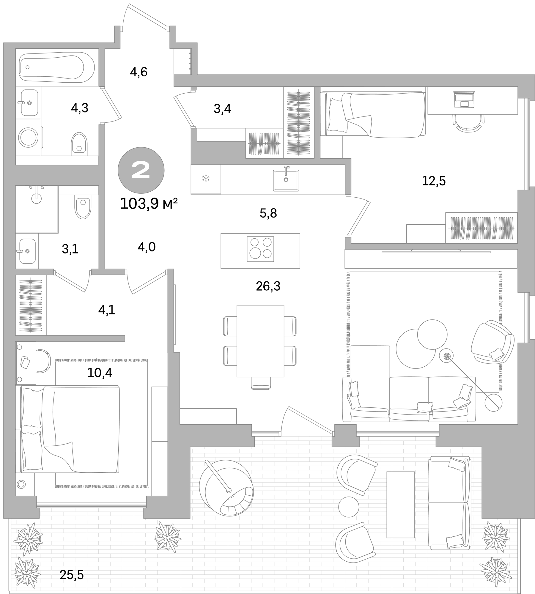 Планировка — Северный ветер, 3-комн., 78 м²