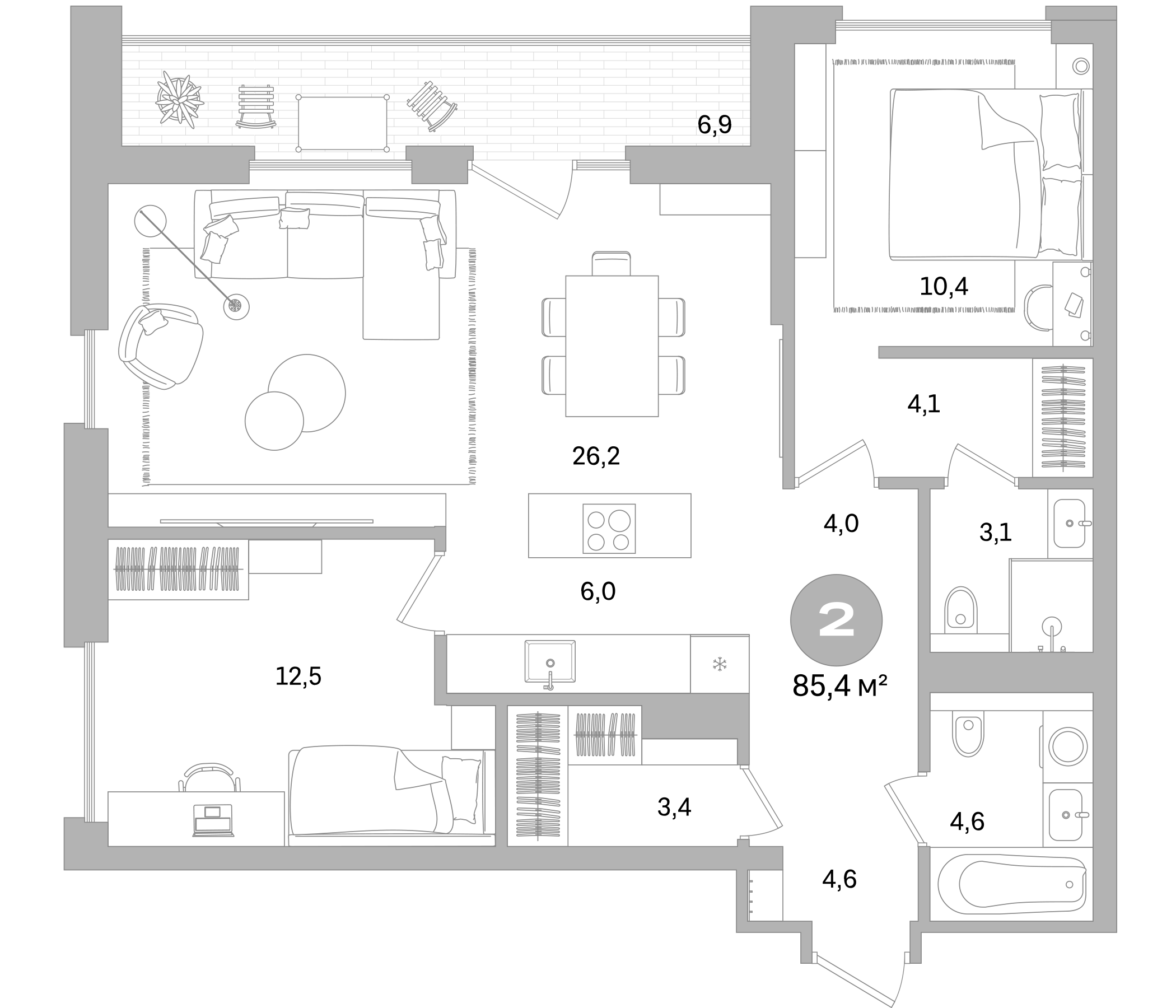 Планировка — Северный ветер, 3-комн., 79 м²
