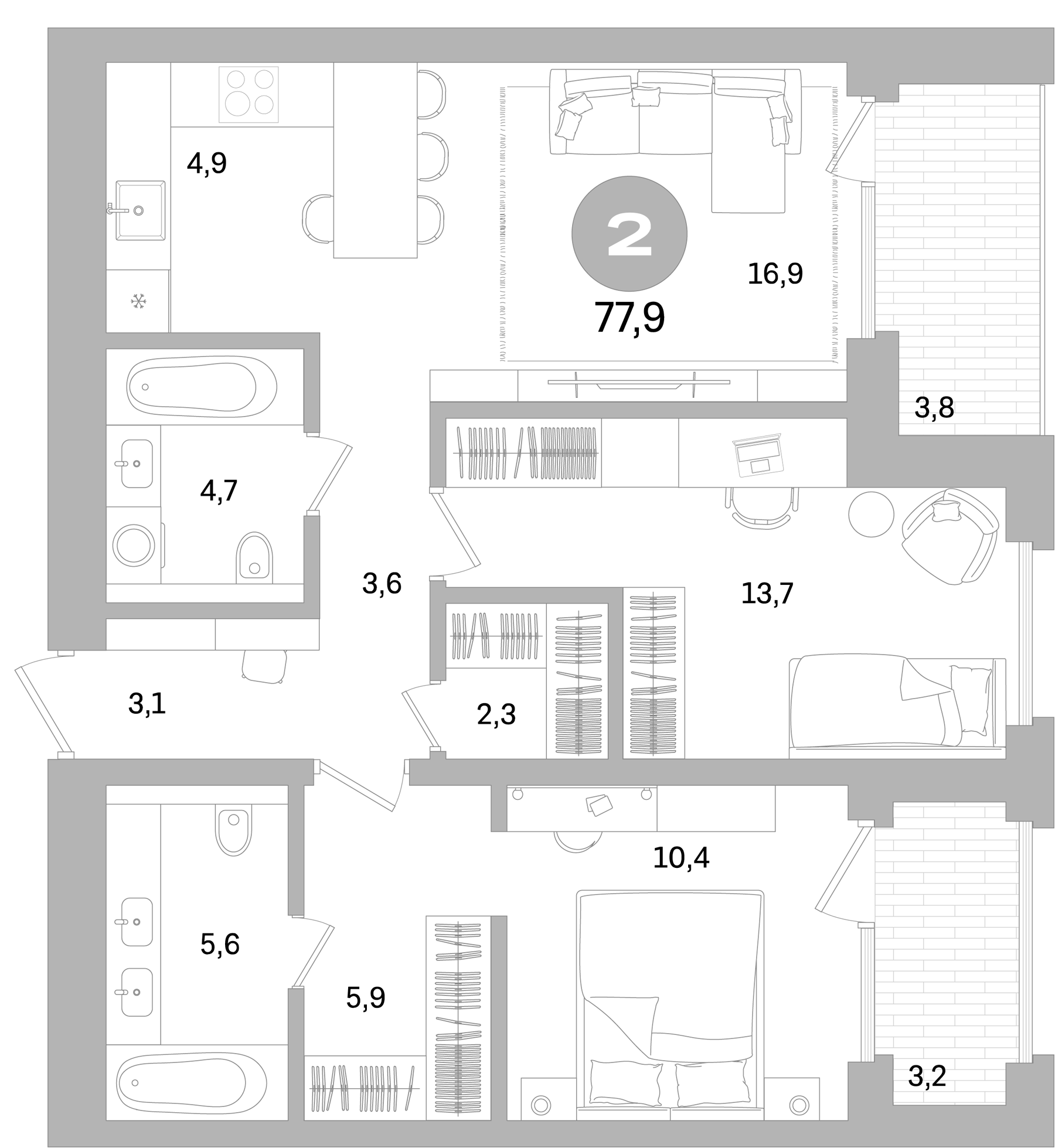 Планировка — Северный ветер, 2-комн., 71 м²