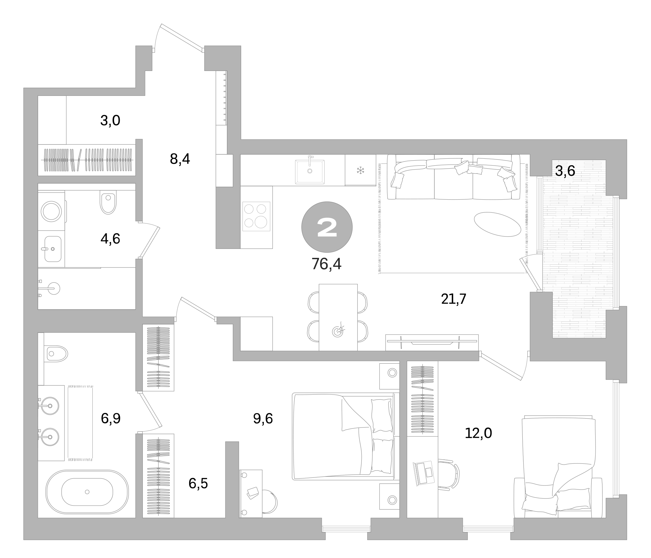 Планировка — Северный ветер, 3-комн., 80 м²