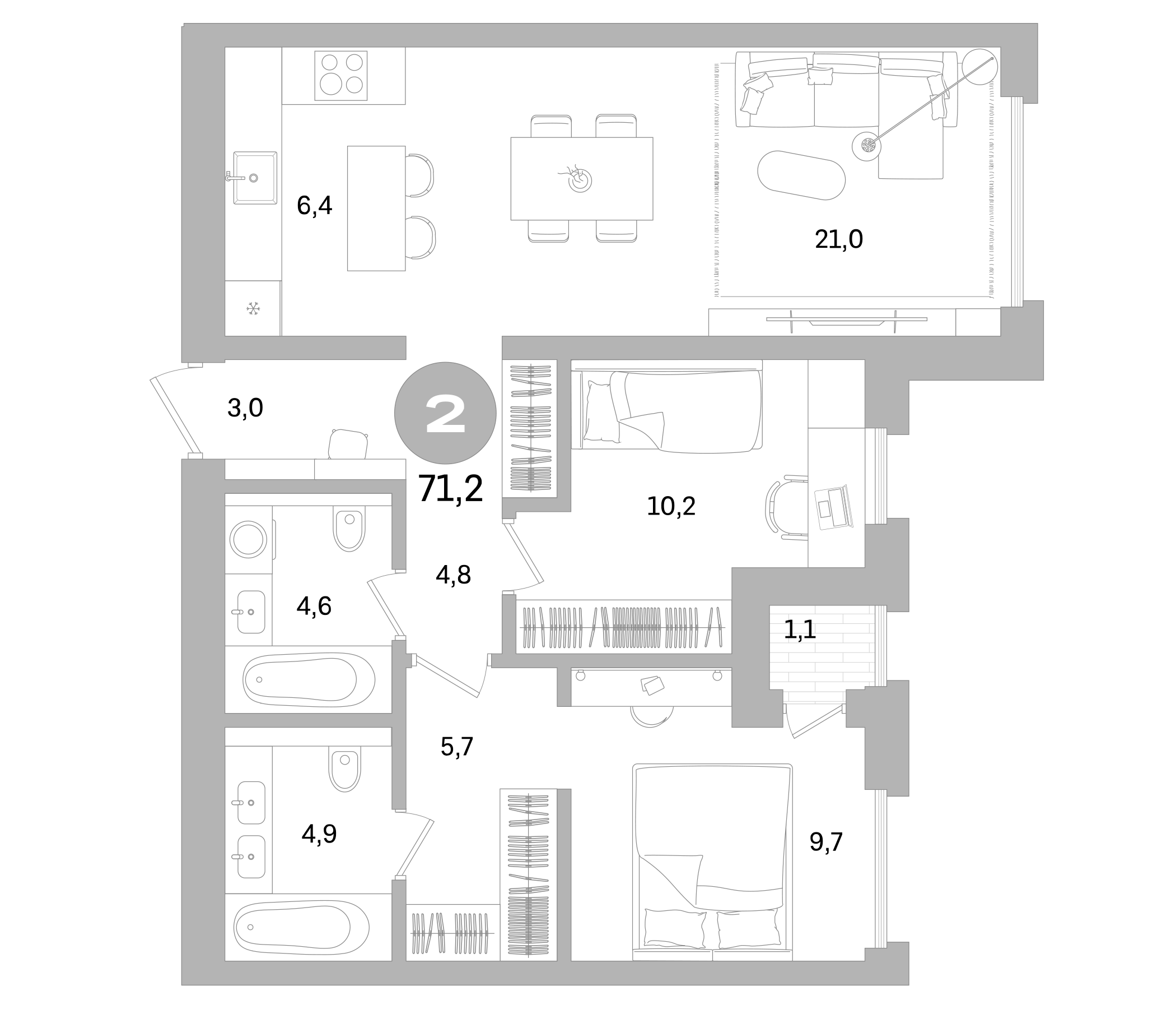 Планировка — Северный ветер, 2-комн., 70 м²