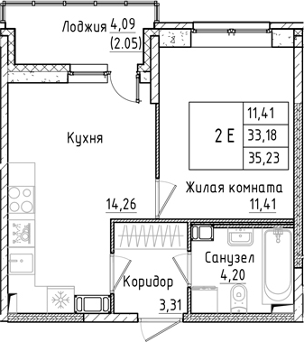 Планировка — Аквилон РекаПарк, 1-комн., 33 м²