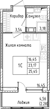 Планировка — Аквилон РекаПарк, Студия, 23 м²
