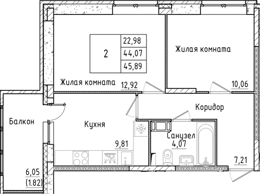Планировка — Аквилон РекаПарк, 2-комн., 44 м²
