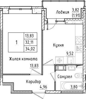 Планировка — Аквилон РекаПарк, 1-комн., 32 м²