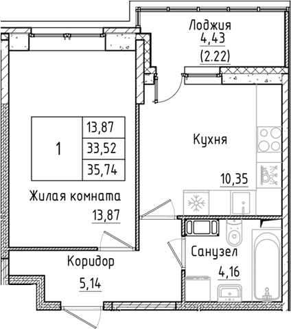 Планировка — Аквилон РекаПарк, 1-комн., 34 м²