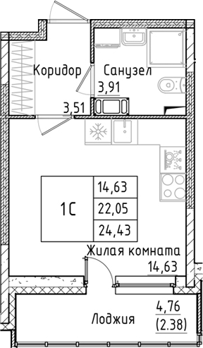 Планировка — Аквилон РекаПарк, Студия, 22 м²