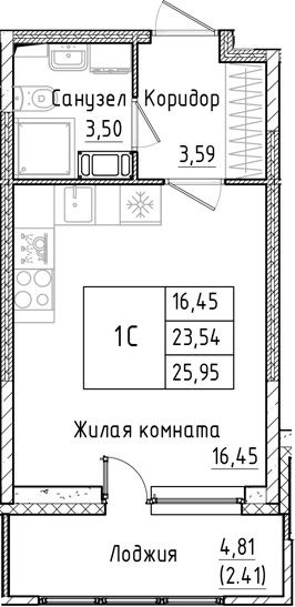 Планировка — Аквилон РекаПарк, Студия, 24 м²