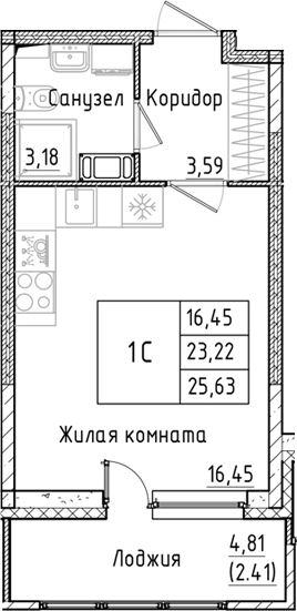 Планировка — Аквилон РекаПарк, Студия, 23 м²