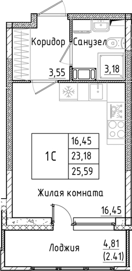 Планировка — Аквилон РекаПарк, Студия, 23 м²