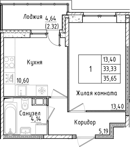 Планировка — Аквилон РекаПарк, 1-комн., 33 м²