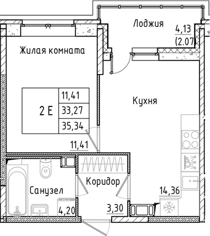 Планировка — Аквилон РекаПарк, 1-комн., 33 м²