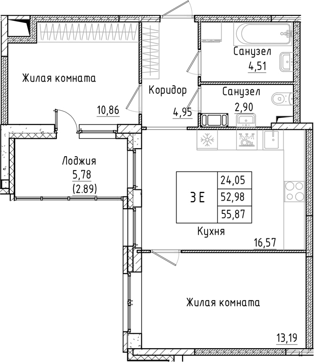 Планировка — Аквилон РекаПарк, 3-комн., 53 м²