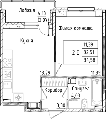 Планировка — Аквилон РекаПарк, 1-комн., 33 м²