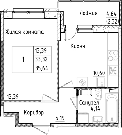 Планировка — Аквилон РекаПарк, 1-комн., 33 м²