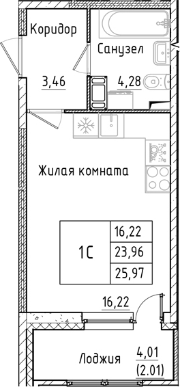 Планировка — Аквилон РекаПарк, Студия, 24 м²