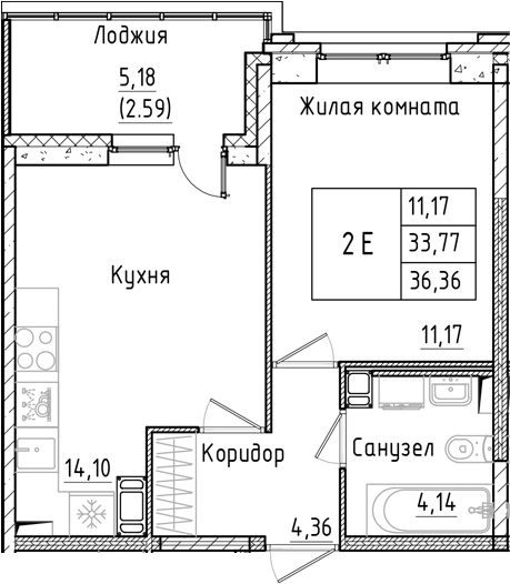 Планировка — Аквилон РекаПарк, 1-комн., 34 м²
