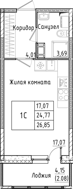 Планировка — Аквилон РекаПарк, Студия, 25 м²