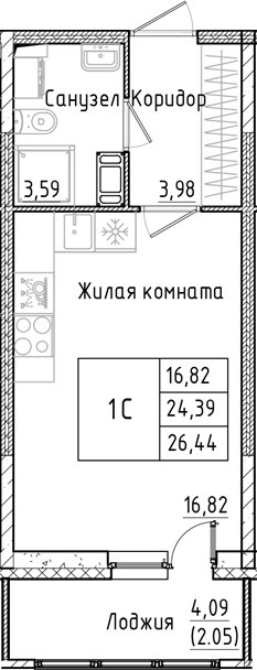 Планировка — Аквилон РекаПарк, Студия, 24 м²