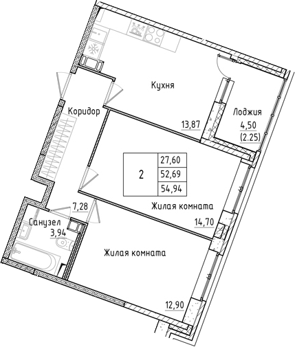 Планировка — Аквилон РекаПарк, 2-комн., 53 м²