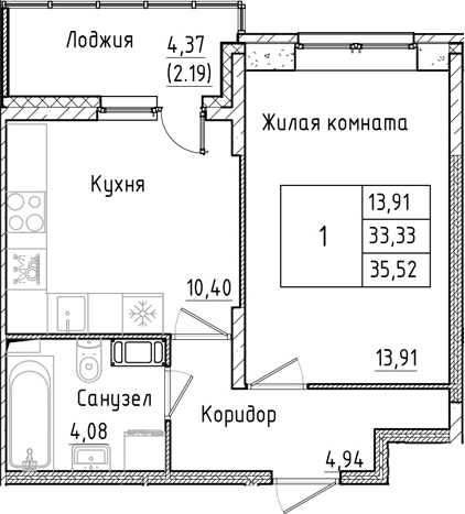 Планировка — Аквилон РекаПарк, 1-комн., 33 м²