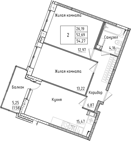 Планировка — Аквилон РекаПарк, 3-комн., 53 м²