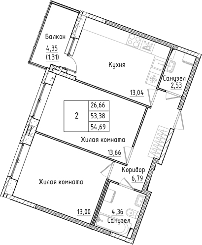 Планировка — Аквилон РекаПарк, 2-комн., 53 м²