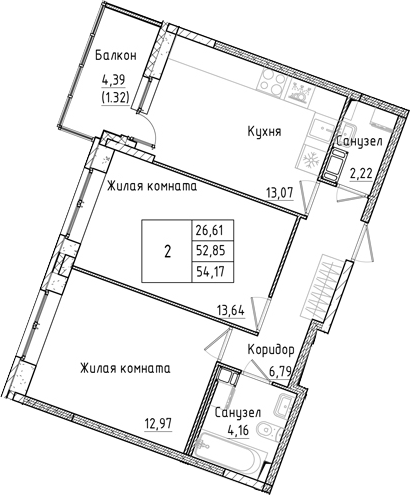 Планировка — Аквилон РекаПарк, 2-комн., 53 м²