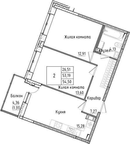 Планировка — Аквилон РекаПарк, 2-комн., 53 м²