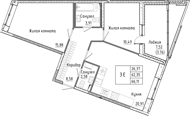 Планировка — Аквилон РекаПарк, 3-комн., 62 м²