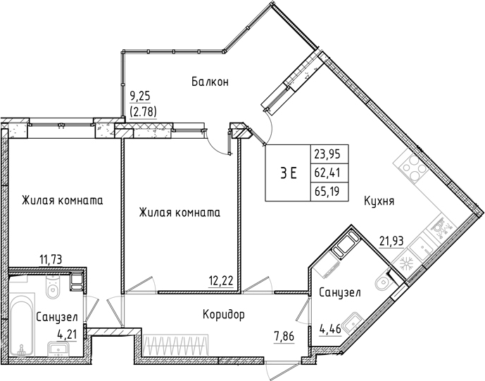 Планировка — Аквилон РекаПарк, 3-комн., 62 м²