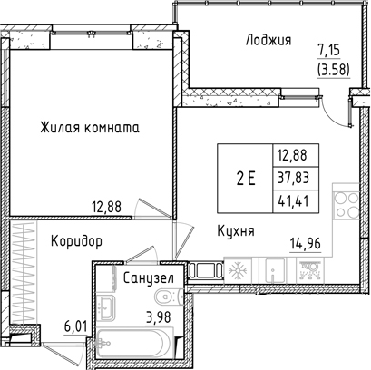 Планировка — Аквилон РекаПарк, 1-комн., 38 м²