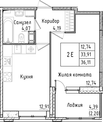 Планировка — Аквилон РекаПарк, 1-комн., 34 м²
