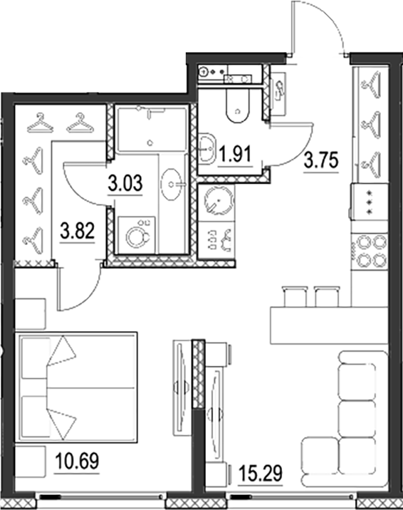 Планировка — Новая земля, 2-комн., 38 м²