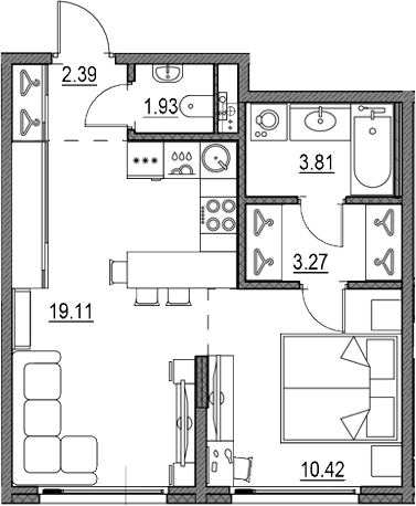 Планировка — Новая земля, 2-комн., 40 м²