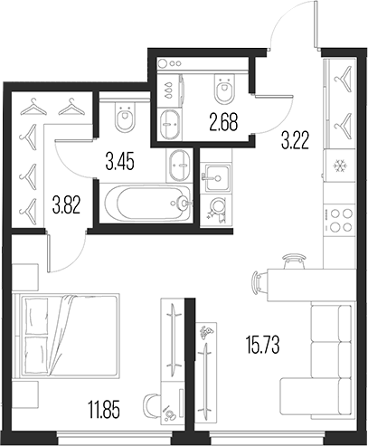 Планировка — Новая земля, 2-комн., 40 м²