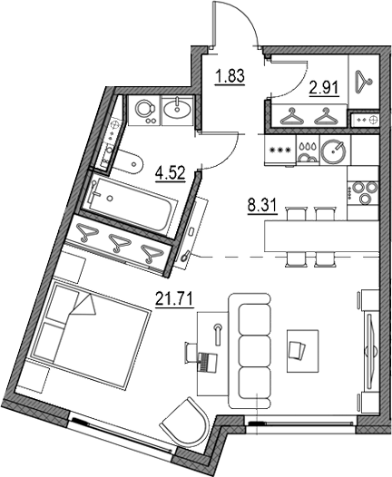 Планировка — Новая земля, 2-комн., 39 м²