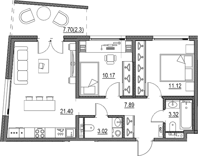 Планировка — Новая земля, 3-комн., 57 м²