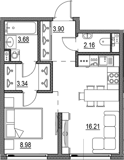 Планировка — Новая земля, 2-комн., 38 м²