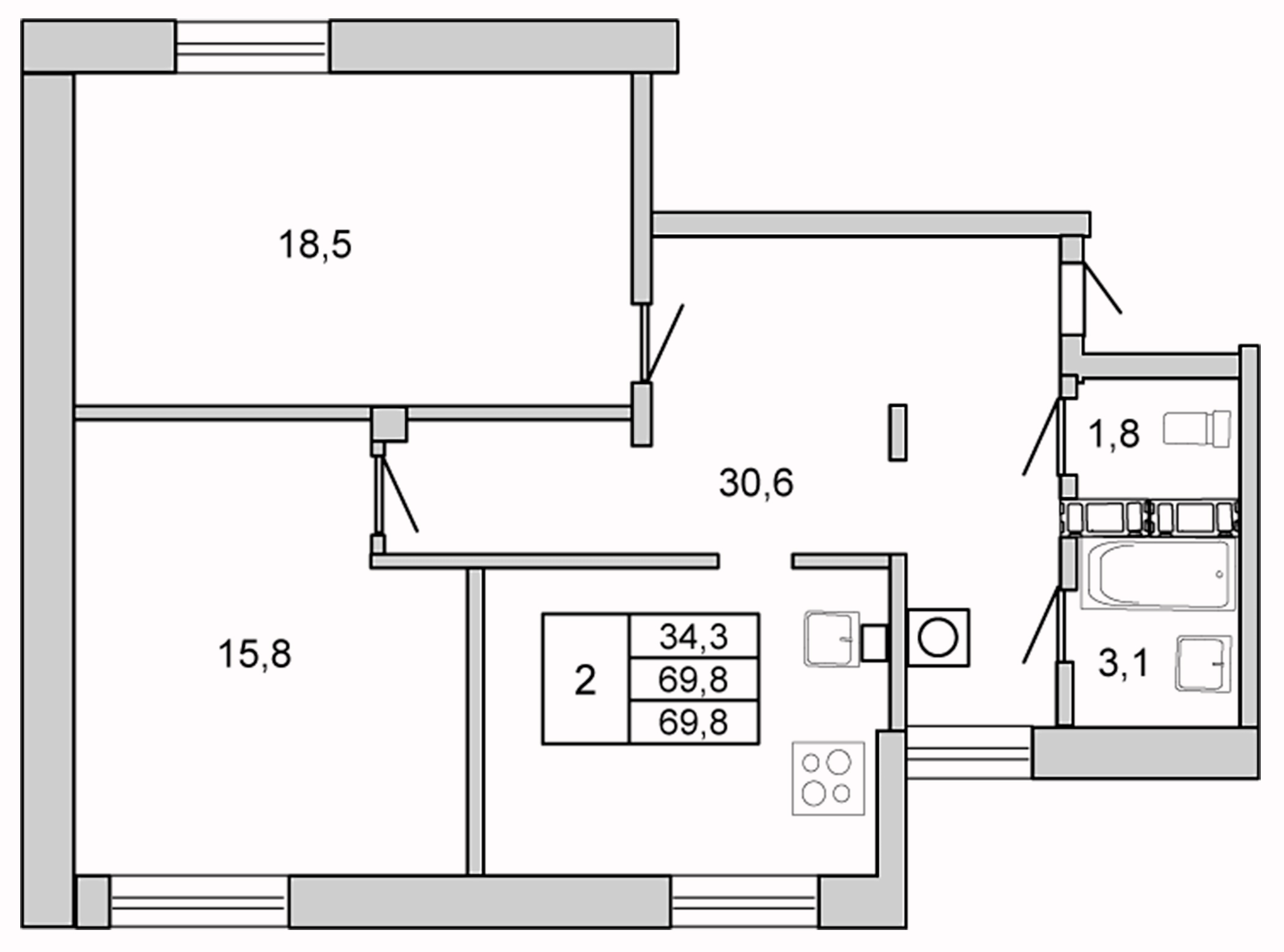 Планировка — У ОЗЕРА, 3-комн., 70 м²