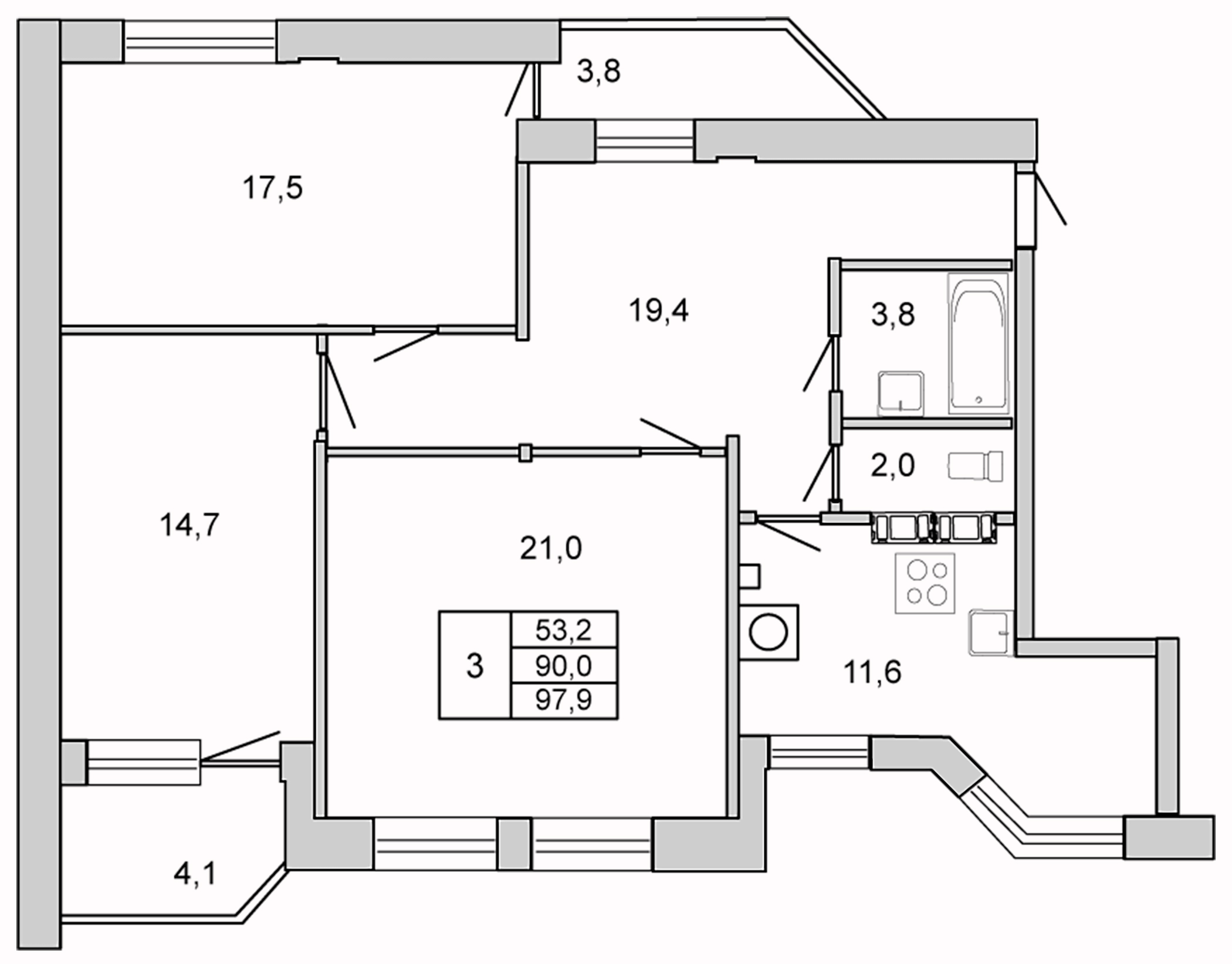 Планировка — У ОЗЕРА, 3-комн., 90 м²