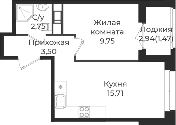 Планировка — Новатория, 2-комн., 32 м²