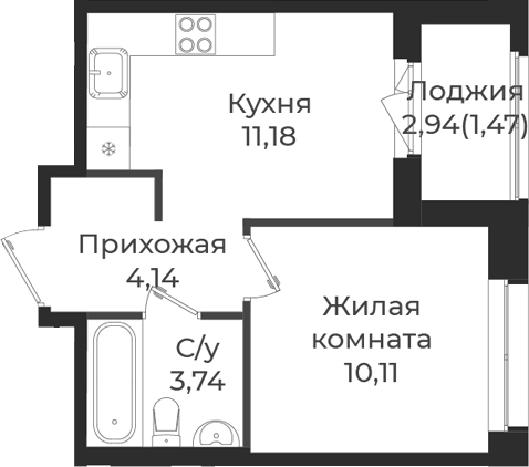 Планировка — Новатория, 1-комн., 29 м²
