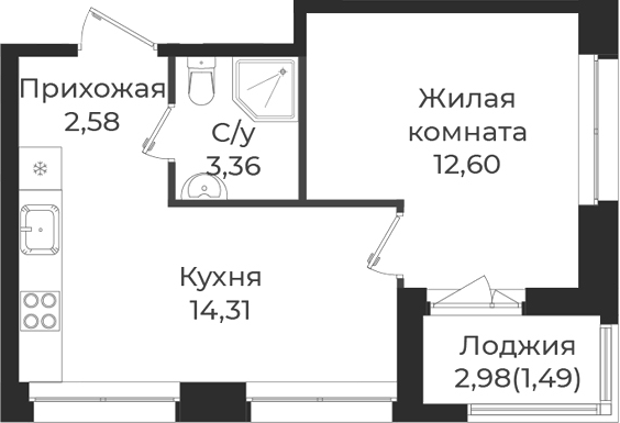 Планировка — Новатория, 1-комн., 33 м²