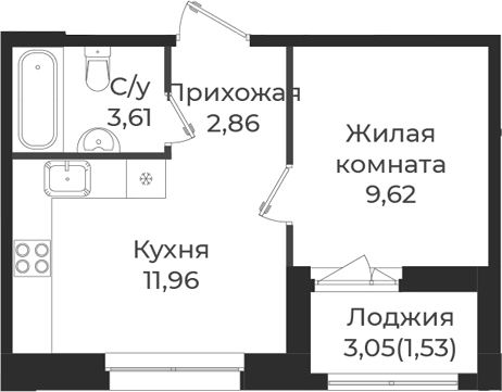Планировка — Новатория, 1-комн., 28 м²
