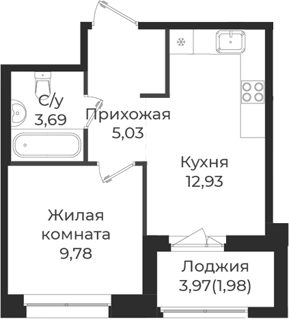 Планировка — Новатория, 1-комн., 31 м²