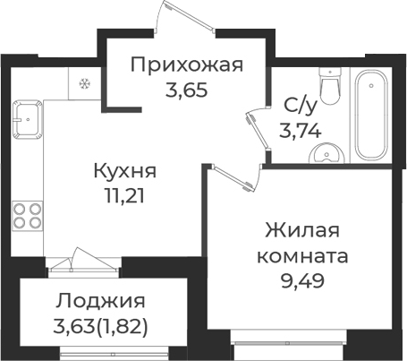 Планировка — Новатория, 1-комн., 28 м²